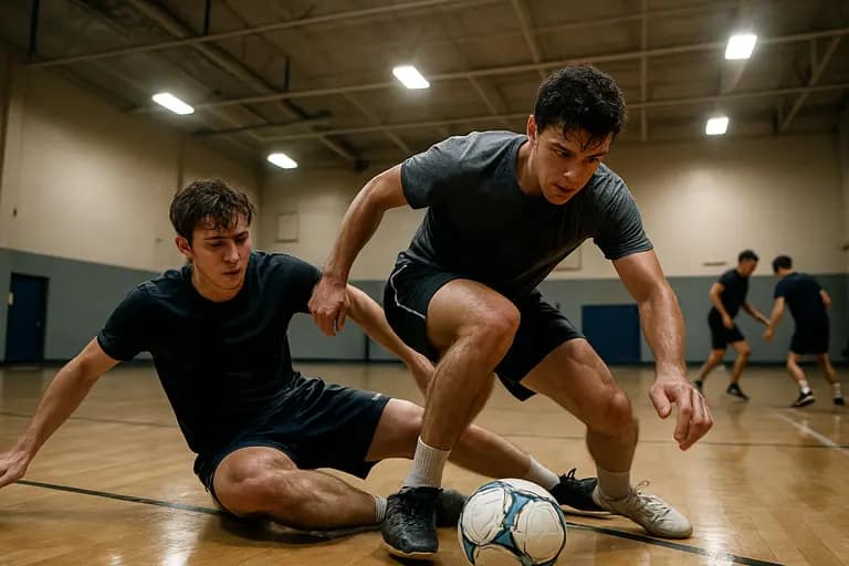 Soccer players stretching after practice while a coach watches from midfield