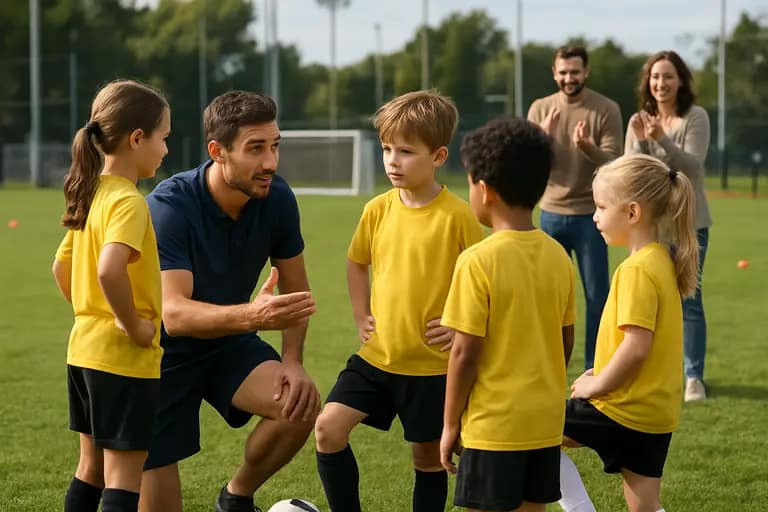 Young soccer player watching warmups from the stands with a parent