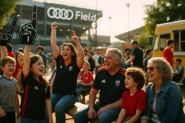 Soccer supporters moving through stadium concourses before an evening match