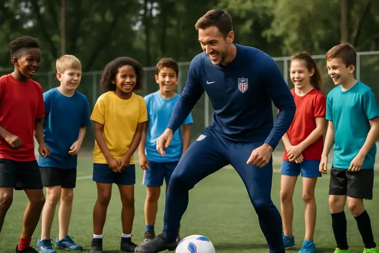Volunteer coach explaining positioning to youth soccer players on a local field