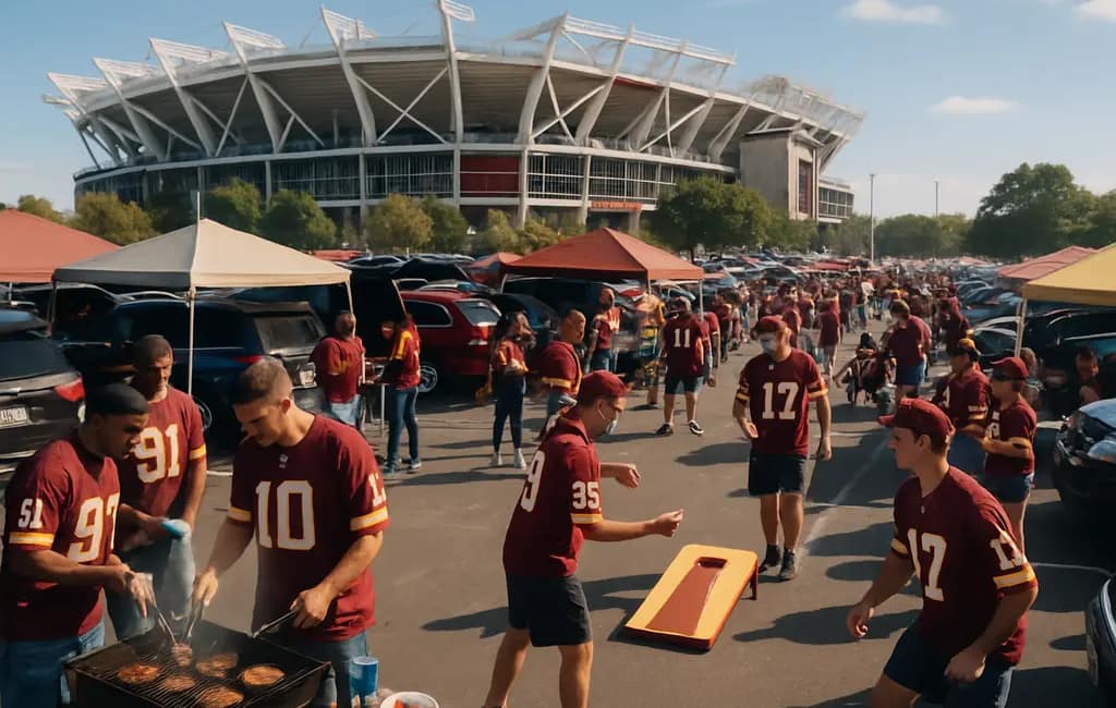 Commanders Stadium Tourism view of fans walking near a modern DC stadium district