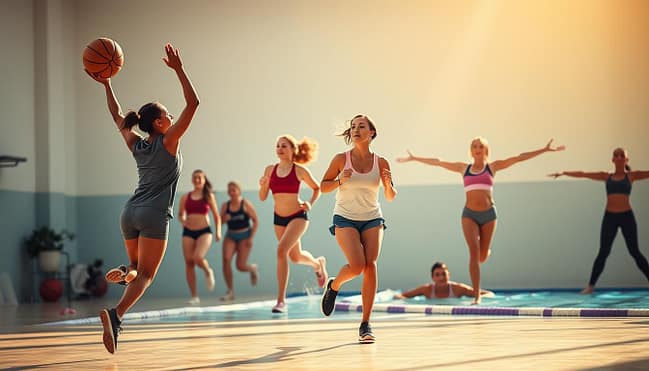A diverse group of female athletes showcasing a range of skill levels in an inclusive sports environment. In the foreground, a skilled basketball player executes a graceful layup, while in the middle ground, a runner sprints with determination. In the background, beginner swimmers practice their strokes in a pool, and a yoga practitioner flows through a serene pose. Warm, natural lighting illuminates the scene, creating a welcoming and aspirational atmosphere. The image captures the essence of a welcoming, accessible sports community that celebrates athletes of all abilities. A diverse group of female athletes showcasing a range of skill levels in an inclusive sports environment. In the foreground, a skilled basketball player executes a graceful layup, while in the middle ground, a runner sprints with determination. In the background, beginner swimmers practice their strokes in a pool, and a yoga practitioner flows through a serene pose. Warm, natural lighting illuminates the scene, creating a welcoming and aspirational atmosphere. The image captures the essence of a welcoming, accessible sports community that celebrates athletes of all abilities.