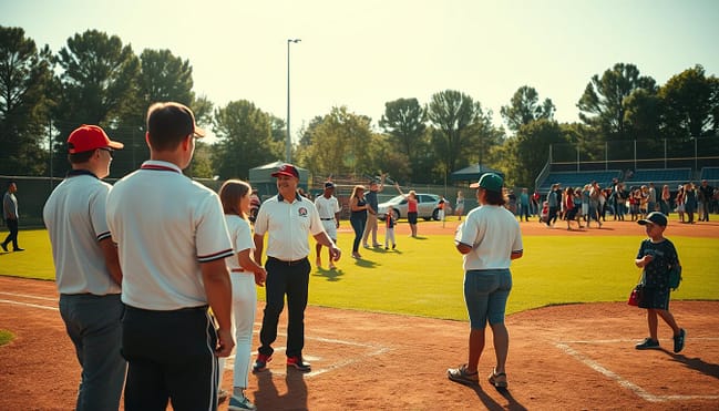 A lively baseball diamond, sun-dappled and alive with activity. In the foreground, a group of volunteers in crisp uniforms, coordinating players and equipment. In the middle ground, parents cheering from the sidelines, high-fiving and offering encouragement. In the background, the community comes together - families picnicking, children playing catch, the steady rhythm of the game unfolding. Warm, cinematic lighting casts a golden glow, capturing the spirit of camaraderie and civic pride. A wide-angle lens frames the scene, inviting the viewer to step into this vibrant tableau of community help and volunteer roles within a beloved local baseball league. A lively baseball diamond, sun-dappled and alive with activity. In the foreground, a group of volunteers in crisp uniforms, coordinating players and equipment. In the middle ground, parents cheering from the sidelines, high-fiving and offering encouragement. In the background, the community comes together - families picnicking, children playing catch, the steady rhythm of the game unfolding. Warm, cinematic lighting casts a golden glow, capturing the spirit of camaraderie and civic pride. A wide-angle lens frames the scene, inviting the viewer to step into this vibrant tableau of community help and volunteer roles within a beloved local baseball league.