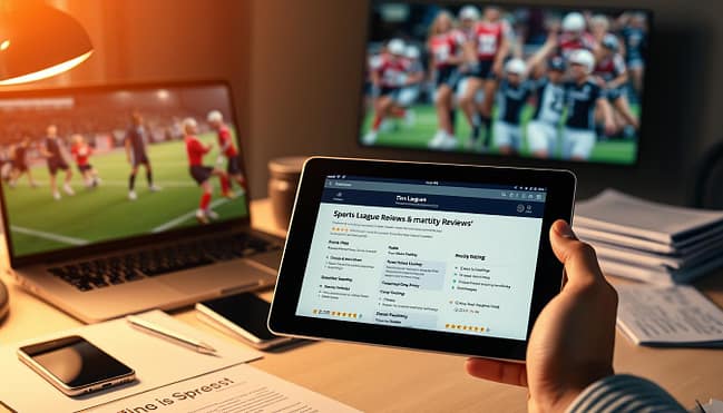 A modern office desk with a laptop, smartphone, and stack of papers, bathed in warm, directional lighting. In the foreground, a hand holding a tablet displays a web page with sports league reviews and ratings. In the background, blurred images of athletes and teams in action, conveying the real-world experiences behind the online assessments. The overall atmosphere is one of careful analysis, thoughtful decision-making, and a desire to find reliable information to guide community sports participation. A modern office desk with a laptop, smartphone, and stack of papers, bathed in warm, directional lighting. In the foreground, a hand holding a tablet displays a web page with sports league reviews and ratings. In the background, blurred images of athletes and teams in action, conveying the real-world experiences behind the online assessments. The overall atmosphere is one of careful analysis, thoughtful decision-making, and a desire to find reliable information to guide community sports participation.
