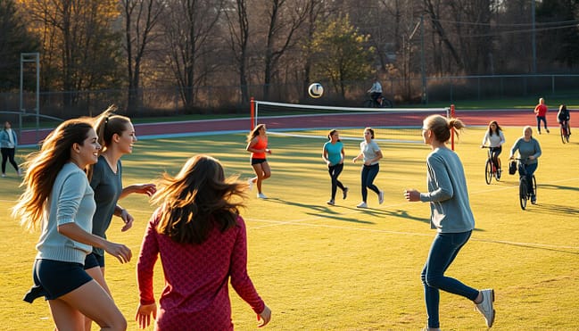 A vibrant scene of a local community sports field, where women of diverse backgrounds engage in a variety of recreational activities. In the foreground, a group of friends enthusiastically play a pickup game of soccer, their laughter and camaraderie palpable. In the middle ground, a team of volleyball players spike the ball over a net, their athletic prowess on full display. In the background, a track encircles the field, with joggers and cyclists enjoying the crisp, sunlit atmosphere. The scene is bathed in a warm, golden light, capturing the spirit of community, fitness, and joy that permeates this inclusive, welcoming space. A vibrant scene of a local community sports field, where women of diverse backgrounds engage in a variety of recreational activities. In the foreground, a group of friends enthusiastically play a pickup game of soccer, their laughter and camaraderie palpable. In the middle ground, a team of volleyball players spike the ball over a net, their athletic prowess on full display. In the background, a track encircles the field, with joggers and cyclists enjoying the crisp, sunlit atmosphere. The scene is bathed in a warm, golden light, capturing the spirit of community, fitness, and joy that permeates this inclusive, welcoming space.