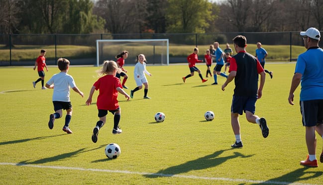 A vibrant sports field with players of various ages engaged in a local league game. The foreground shows a team of young children, around 8-10 years old, passing a soccer ball and running energetically on a well-manicured grass pitch. The middle ground features a group of adolescents, 12-14 years old, competing in a more intense match, with the coach issuing instructions from the sidelines. In the background, a group of adults, 18-35 years old, participate in a fast-paced game, showcasing the diverse age groups and skill levels of the local league. The scene is bathed in warm, natural lighting, creating a sense of community and camaraderie. The camera angle is slightly elevated, providing a panoramic view of the active sports field. A vibrant sports field with players of various ages engaged in a local league game. The foreground shows a team of young children, around 8-10 years old, passing a soccer ball and running energetically on a well-manicured grass pitch. The middle ground features a group of adolescents, 12-14 years old, competing in a more intense match, with the coach issuing instructions from the sidelines. In the background, a group of adults, 18-35 years old, participate in a fast-paced game, showcasing the diverse age groups and skill levels of the local league. The scene is bathed in warm, natural lighting, creating a sense of community and camaraderie. The camera angle is slightly elevated, providing a panoramic view of the active sports field.