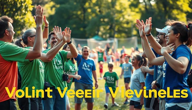 Vibrant and heartwarming scene of sports volunteers in action, their triumphant expressions radiating joy and camaraderie. In the foreground, a diverse group of volunteers high-fiving and cheering, their uniforms and equipment suggesting various sports. In the middle ground, a bustling community event with children and families participating in various athletic activities, their faces alight with enthusiasm. The background gently blurred, hinting at a lush, verdant park or field setting, with sunlight filtering through the trees, creating a warm, uplifting atmosphere. The image conveys a sense of unity, community, and the rewarding impact of volunteering in local sports leagues. Vibrant and heartwarming scene of sports volunteers in action, their triumphant expressions radiating joy and camaraderie. In the foreground, a diverse group of volunteers high-fiving and cheering, their uniforms and equipment suggesting various sports. In the middle ground, a bustling community event with children and families participating in various athletic activities, their faces alight with enthusiasm. The background gently blurred, hinting at a lush, verdant park or field setting, with sunlight filtering through the trees, creating a warm, uplifting atmosphere. The image conveys a sense of unity, community, and the rewarding impact of volunteering in local sports leagues.