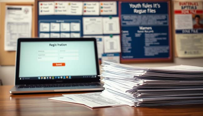 Youth sports leagues documentation requirements: A detailed image showcasing the necessary paperwork and files for sign-ups. In the foreground, a stack of forms, waivers, and medical records neatly organized on a wooden table, illuminated by soft, natural lighting. In the middle ground, a laptop displaying an online registration portal, with various input fields and a "Submit" button. In the background, a bulletin board filled with sports team schedules, league rules, and contact information, captured with a shallow depth of field to emphasize the focal point. The overall mood is professional and informative, conveying the importance of properly completing all required documentation for youth sports participation. Youth sports leagues documentation requirements: A detailed image showcasing the necessary paperwork and files for sign-ups. In the foreground, a stack of forms, waivers, and medical records neatly organized on a wooden table, illuminated by soft, natural lighting. In the middle ground, a laptop displaying an online registration portal, with various input fields and a "Submit" button. In the background, a bulletin board filled with sports team schedules, league rules, and contact information, captured with a shallow depth of field to emphasize the focal point. The overall mood is professional and informative, conveying the importance of properly completing all required documentation for youth sports participation.