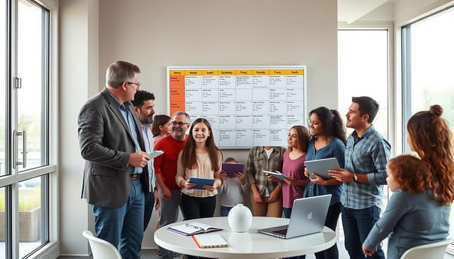 A diverse group of adults and children, including men and women of various ages and ethnicities, collaboratively reviewing a large, colorful weekly schedule display on a wall in a bright, airy conference room. In the foreground, a father in a professional yet casual outfit points to the schedule while a teenage girl takes notes on a tablet. In the middle, a small round table holds notebooks and a laptop, with a cheerful mother sharing her thoughts. In the background, large windows let in soft natural light, emphasizing a sense of teamwork and organization. The overall atmosphere is warm and collaborative, symbolizing unity and shared responsibility in managing multiple schedules for family sports activities. A diverse group of adults and children, including men and women of various ages and ethnicities, collaboratively reviewing a large, colorful weekly schedule display on a wall in a bright, airy conference room. In the foreground, a father in a professional yet casual outfit points to the schedule while a teenage girl takes notes on a tablet. In the middle, a small round table holds notebooks and a laptop, with a cheerful mother sharing her thoughts. In the background, large windows let in soft natural light, emphasizing a sense of teamwork and organization. The overall atmosphere is warm and collaborative, symbolizing unity and shared responsibility in managing multiple schedules for family sports activities.