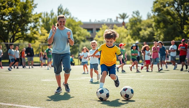 A joyful scene depicting a family participating in youth league activities in a vibrant sports park setting. In the foreground, a young child in a bright jersey is playing soccer, skillfully dribbling the ball, while a parent, dressed in casual sportswear, cheers enthusiastically. In the middle ground, a diverse group of children is engaged in various sports like basketball and baseball, demonstrating teamwork and excitement. The background features a sunlit park with green trees and spectators enjoying the event. Bright, natural lighting emphasizes the happiness and togetherness of the family, creating a warm and uplifting atmosphere. Capture the essence of community and the benefits of youth leagues for both children and parents, focusing on joy, engagement, and active participation. A joyful scene depicting a family participating in youth league activities in a vibrant sports park setting. In the foreground, a young child in a bright jersey is playing soccer, skillfully dribbling the ball, while a parent, dressed in casual sportswear, cheers enthusiastically. In the middle ground, a diverse group of children is engaged in various sports like basketball and baseball, demonstrating teamwork and excitement. The background features a sunlit park with green trees and spectators enjoying the event. Bright, natural lighting emphasizes the happiness and togetherness of the family, creating a warm and uplifting atmosphere. Capture the essence of community and the benefits of youth leagues for both children and parents, focusing on joy, engagement, and active participation.