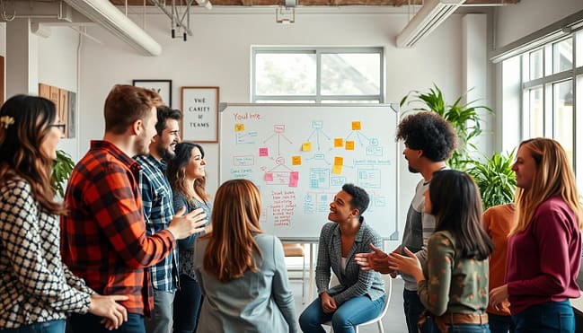 A vibrant and engaging scene depicting a diverse group of adults participating in a co-ed team formation session. In the foreground, a mixed group of individuals, dressed in casual but professional attire, are animatedly discussing and sharing ideas on forming teams. In the middle, a large whiteboard filled with colorful diagrams and notes illustrates various team structures, symbolizing collaboration. In the background, a bright, well-lit office environment with plants and motivational posters creates an inviting atmosphere. Natural sunlight filters through large windows, adding warmth and energy to the scene. The mood is upbeat and collaborative, conveying a sense of fun, inclusivity, and teamwork, ideal for adults seeking to join or form their own co-ed teams. A vibrant and engaging scene depicting a diverse group of adults participating in a co-ed team formation session. In the foreground, a mixed group of individuals, dressed in casual but professional attire, are animatedly discussing and sharing ideas on forming teams. In the middle, a large whiteboard filled with colorful diagrams and notes illustrates various team structures, symbolizing collaboration. In the background, a bright, well-lit office environment with plants and motivational posters creates an inviting atmosphere. Natural sunlight filters through large windows, adding warmth and energy to the scene. The mood is upbeat and collaborative, conveying a sense of fun, inclusivity, and teamwork, ideal for adults seeking to join or form their own co-ed teams.