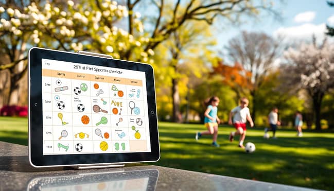A vibrant sports schedule displayed prominently, illustrating a range of children's activities across different seasons. In the foreground, a digital tablet shows a colorful weekly planner filled with illustrations of various sports icons like soccer balls, basketballs, and tennis rackets. In the middle ground, a sunny park scene depicts kids in modest athletic wear, happily engaging in soccer, basketball, and swimming. The background features trees with blooming flowers for spring, sunny skies for summer, colorful leaves for fall, and soft snow for winter. The lighting is bright and warm, creating an inviting atmosphere. Capture this scene from a slightly elevated angle to give an overall view of the sports schedule and activities, emphasizing the joy of balancing multiple sports throughout the year. A vibrant sports schedule displayed prominently, illustrating a range of children's activities across different seasons. In the foreground, a digital tablet shows a colorful weekly planner filled with illustrations of various sports icons like soccer balls, basketballs, and tennis rackets. In the middle ground, a sunny park scene depicts kids in modest athletic wear, happily engaging in soccer, basketball, and swimming. The background features trees with blooming flowers for spring, sunny skies for summer, colorful leaves for fall, and soft snow for winter. The lighting is bright and warm, creating an inviting atmosphere. Capture this scene from a slightly elevated angle to give an overall view of the sports schedule and activities, emphasizing the joy of balancing multiple sports throughout the year.
