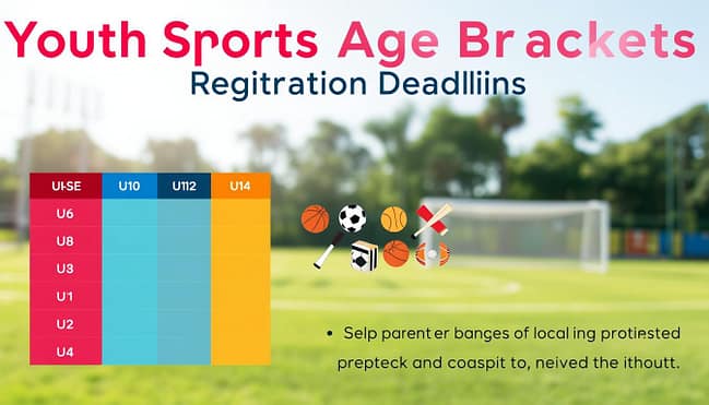 A visually engaging infographic depicting "Youth Sports Age Brackets Registration Deadlines." In the foreground, a colorful, organized chart with different age divisions such as U6, U8, U10, U12, and U14, each section vividly colored and distinctly separated. The middle section features an array of sports icons like soccer balls, basketballs, and baseball bats, symbolizing various sports included in local leagues. The background is a soft-focus image of a sports field, bathed in bright, natural daylight, evoking a lively community atmosphere. The overall mood should be informative yet inviting, encouraging parents and athletes to get involved. The composition should be clear and well-organized, without any text or overlays. A visually engaging infographic depicting "Youth Sports Age Brackets Registration Deadlines." In the foreground, a colorful, organized chart with different age divisions such as U6, U8, U10, U12, and U14, each section vividly colored and distinctly separated. The middle section features an array of sports icons like soccer balls, basketballs, and baseball bats, symbolizing various sports included in local leagues. The background is a soft-focus image of a sports field, bathed in bright, natural daylight, evoking a lively community atmosphere. The overall mood should be informative yet inviting, encouraging parents and athletes to get involved. The composition should be clear and well-organized, without any text or overlays.