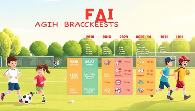 A visually engaging infographic-style illustration displaying a "Youth Sports Age Brackets FAQ." In the foreground, include a group of diverse children aged 8 to 14 playing different sports like soccer, basketball, and baseball, all in colorful athletic gear. In the middle ground, overlay clear, organized age brackets represented by numbered sections with vibrant colors and icons indicating each sport. In the background, a subtle community sports field setting, with trees and a stadium silhouette to suggest local leagues. Soft, bright lighting illuminates the scene, creating an inviting atmosphere. Use a slightly elevated camera angle to capture the action and details in a dynamic way, promoting a sense of community and engagement in youth sports. A visually engaging infographic-style illustration displaying a "Youth Sports Age Brackets FAQ." In the foreground, include a group of diverse children aged 8 to 14 playing different sports like soccer, basketball, and baseball, all in colorful athletic gear. In the middle ground, overlay clear, organized age brackets represented by numbered sections with vibrant colors and icons indicating each sport. In the background, a subtle community sports field setting, with trees and a stadium silhouette to suggest local leagues. Soft, bright lighting illuminates the scene, creating an inviting atmosphere. Use a slightly elevated camera angle to capture the action and details in a dynamic way, promoting a sense of community and engagement in youth sports.