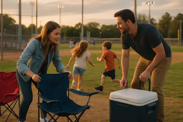 Spectators sit near a youth baseball diamond during a summer game