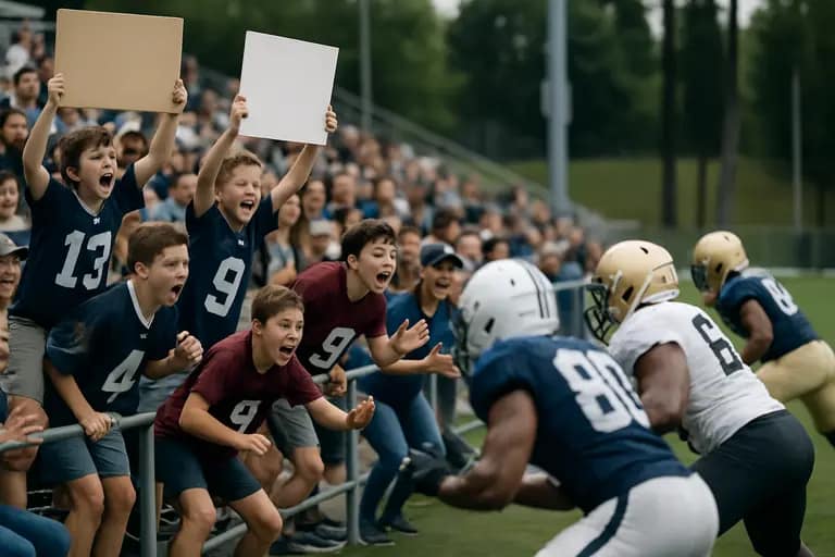 Two football teams line up for controlled practice reps on a sunny field