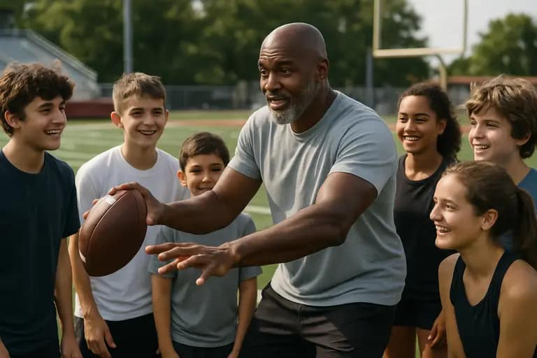 Youth football coaches speaking with players during a shared practice